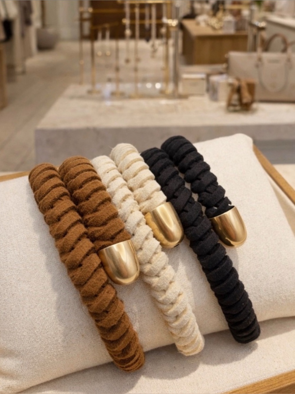 Set of 3 Suede Cord Bracelets w/ Gold Ends (Black, Brown and Cream) New